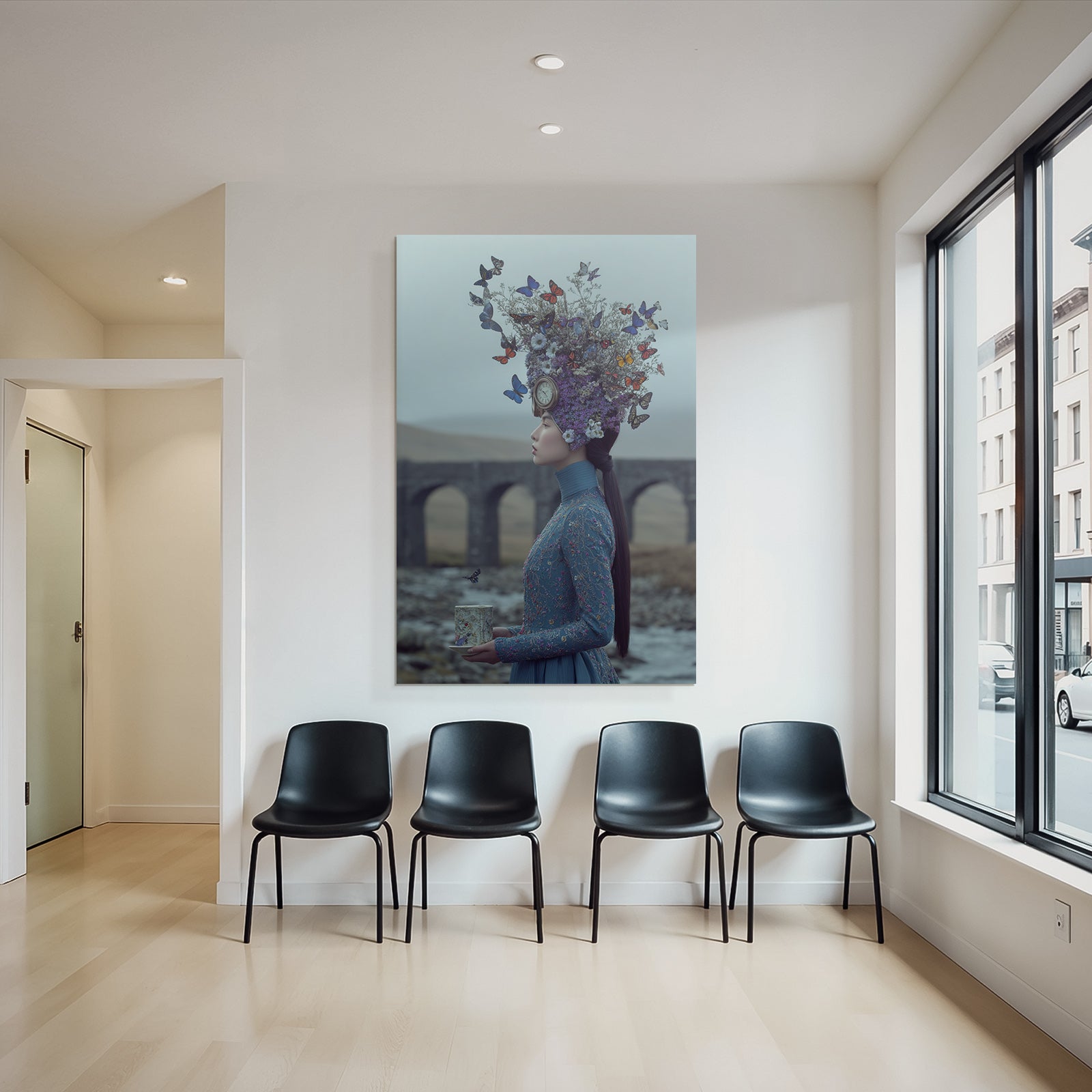 Frau Im Blauen Outfit Mit Blumen Und Schmetterlingen In Einer Surrealen Landschaft