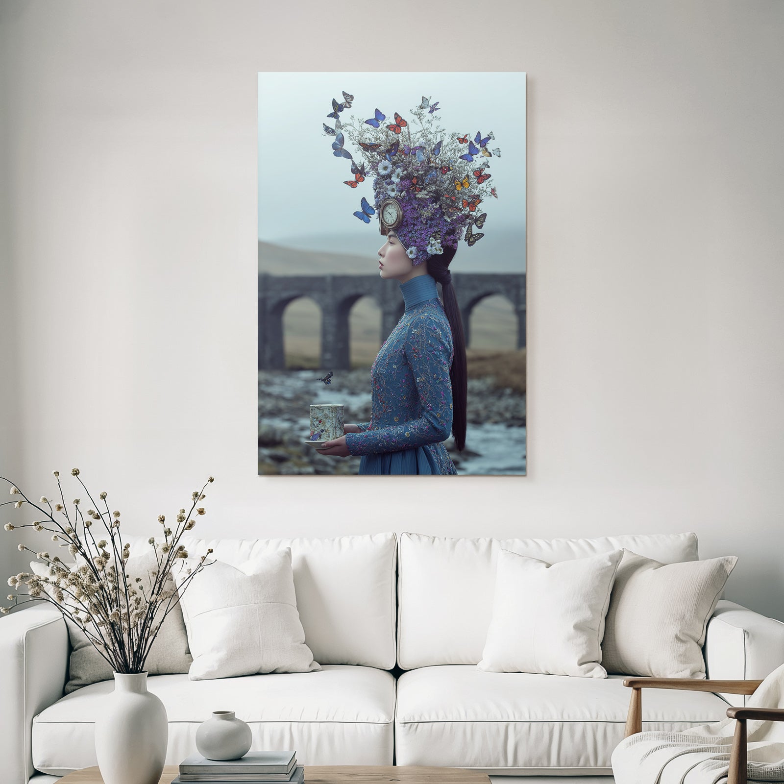 Frau Im Blauen Outfit Mit Blumen Und Schmetterlingen In Einer Surrealen Landschaft