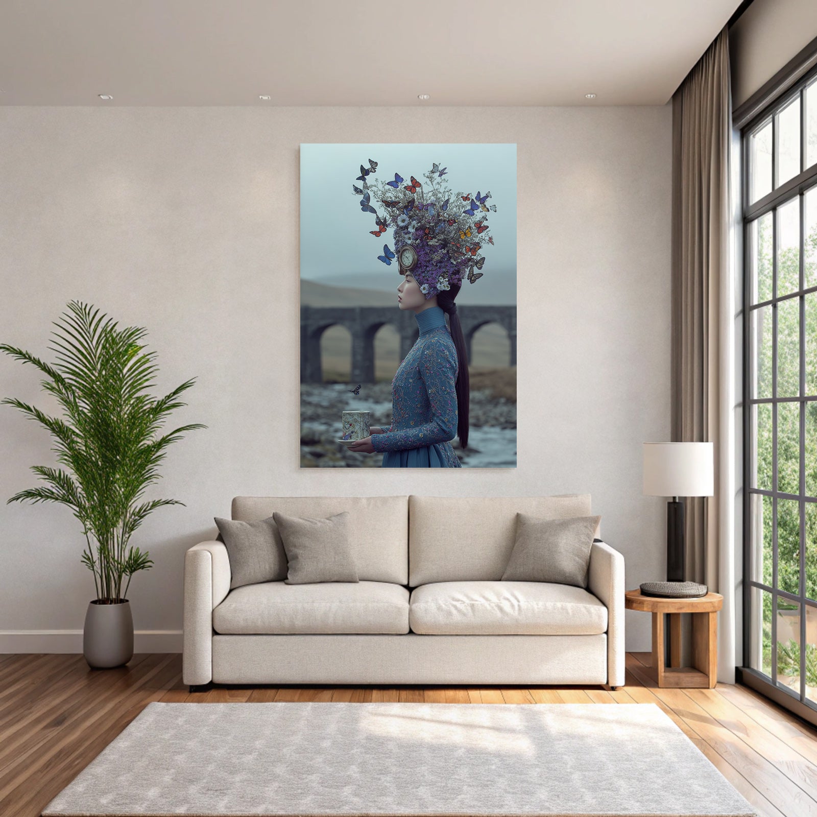 Frau Im Blauen Outfit Mit Blumen Und Schmetterlingen In Einer Surrealen Landschaft