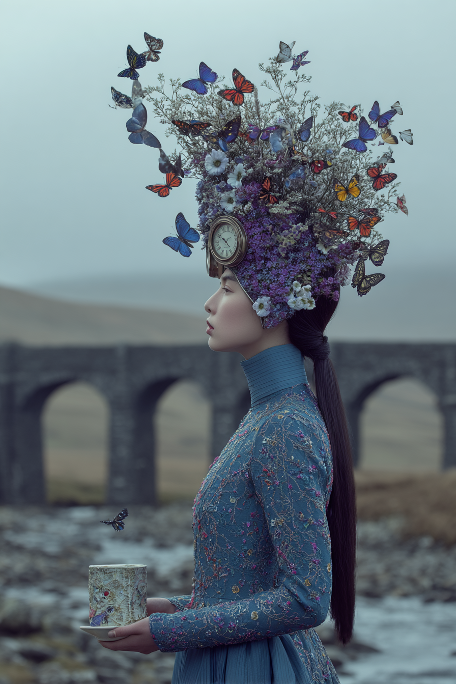 Frau Im Blauen Outfit Mit Blumen Und Schmetterlingen In Einer Surrealen Landschaft | Digital Art | Kunstgattungen