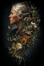 Frau Im Profil Umgeben Von Blumen Und Blaettern | Digital Art | Kunstgattungen