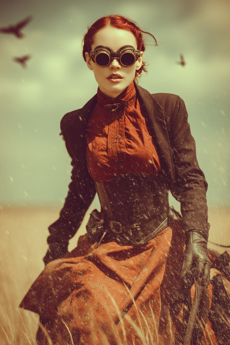 Frau Im Steampunk Outfit Im Freien Mit Goggles Und Historia Style Kleid | Digital Art | Kunstgattungen