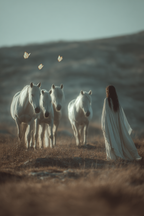Frau In Weiss Mit Vier Weissen Pferden In Naturlandschaft | Digital Art | Kunstgattungen