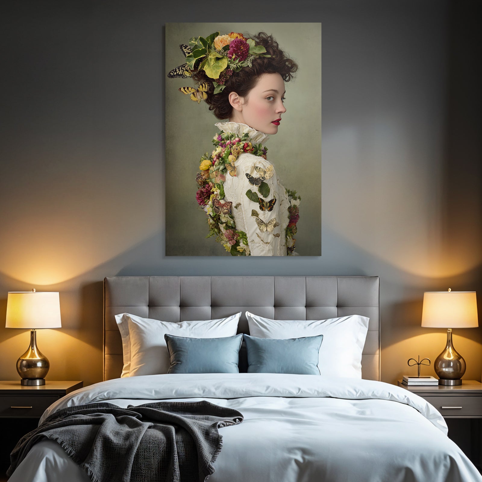 Frau Kunstvolle Frisur Mit Blumen Und Butterfliegen Und Vintage Garderobe