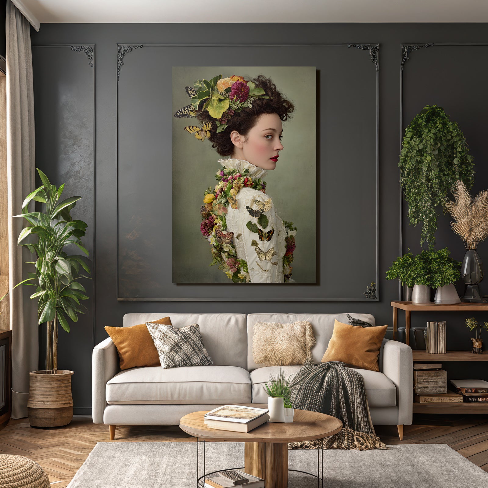 Frau Kunstvolle Frisur Mit Blumen Und Butterfliegen Und Vintage Garderobe