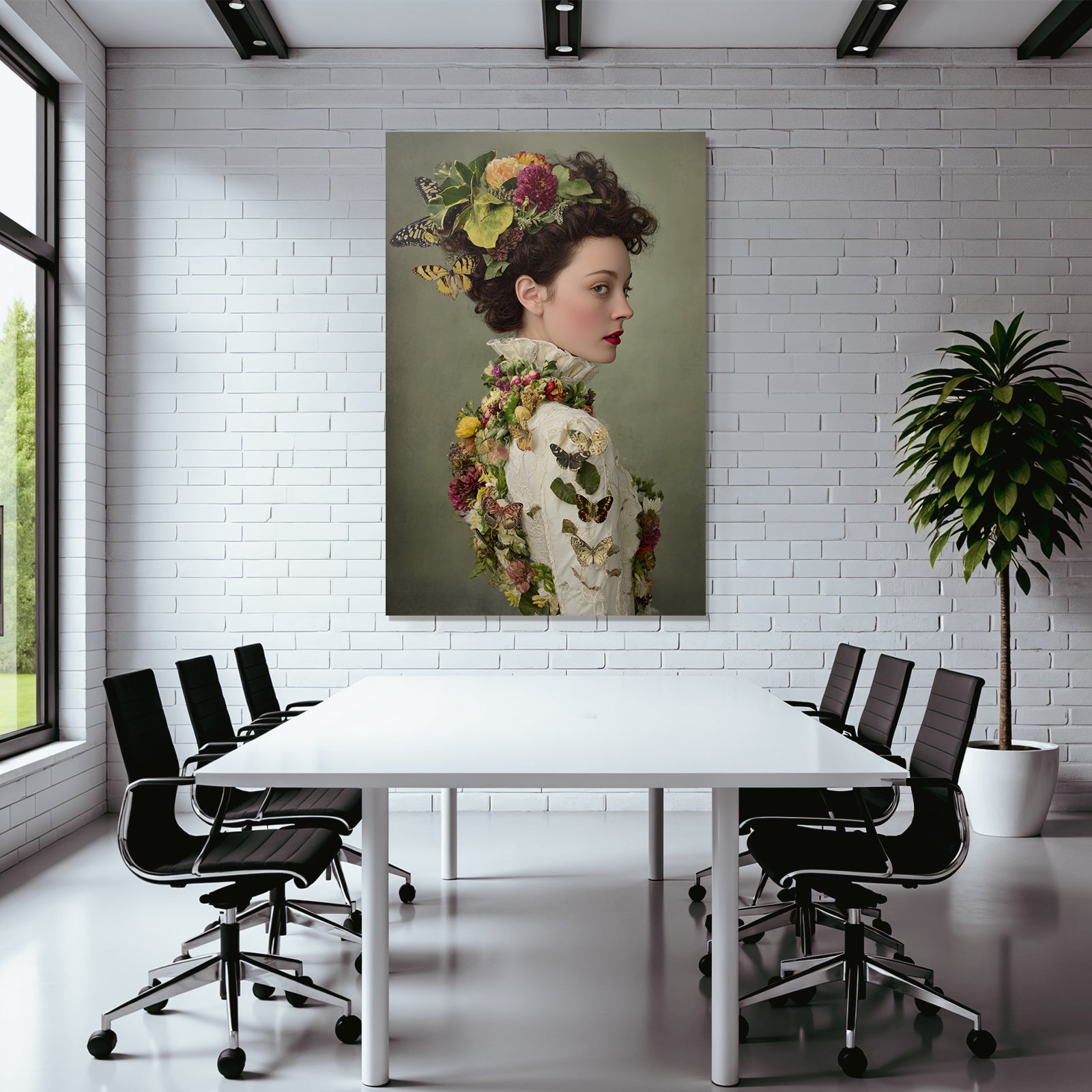 Frau Kunstvolle Frisur Mit Blumen Und Butterfliegen Und Vintage Garderobe