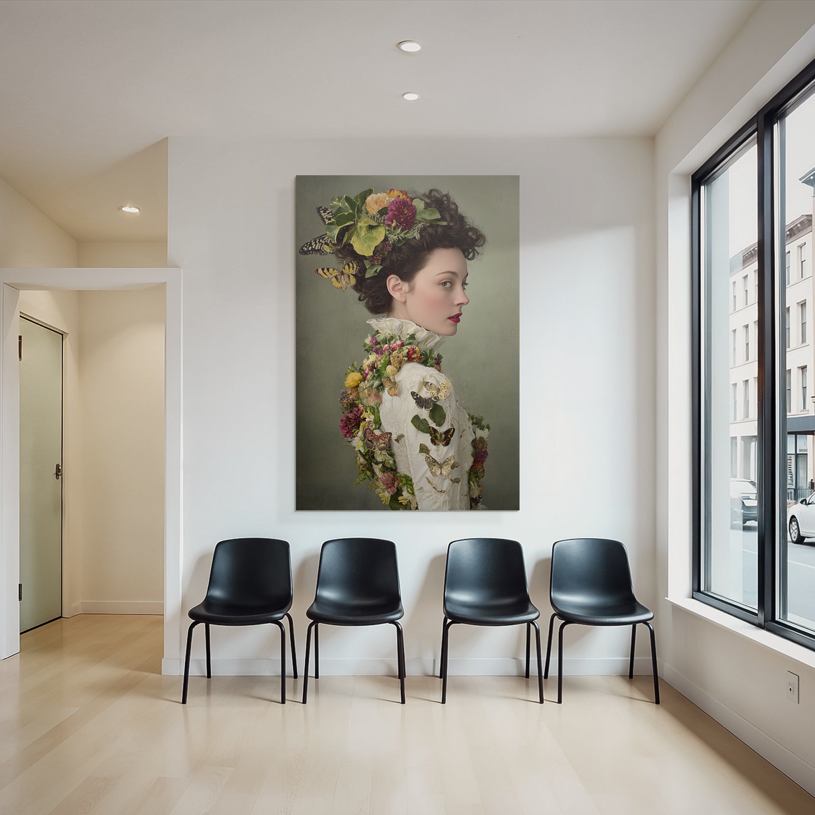 Frau Kunstvolle Frisur Mit Blumen Und Butterfliegen Und Vintage Garderobe