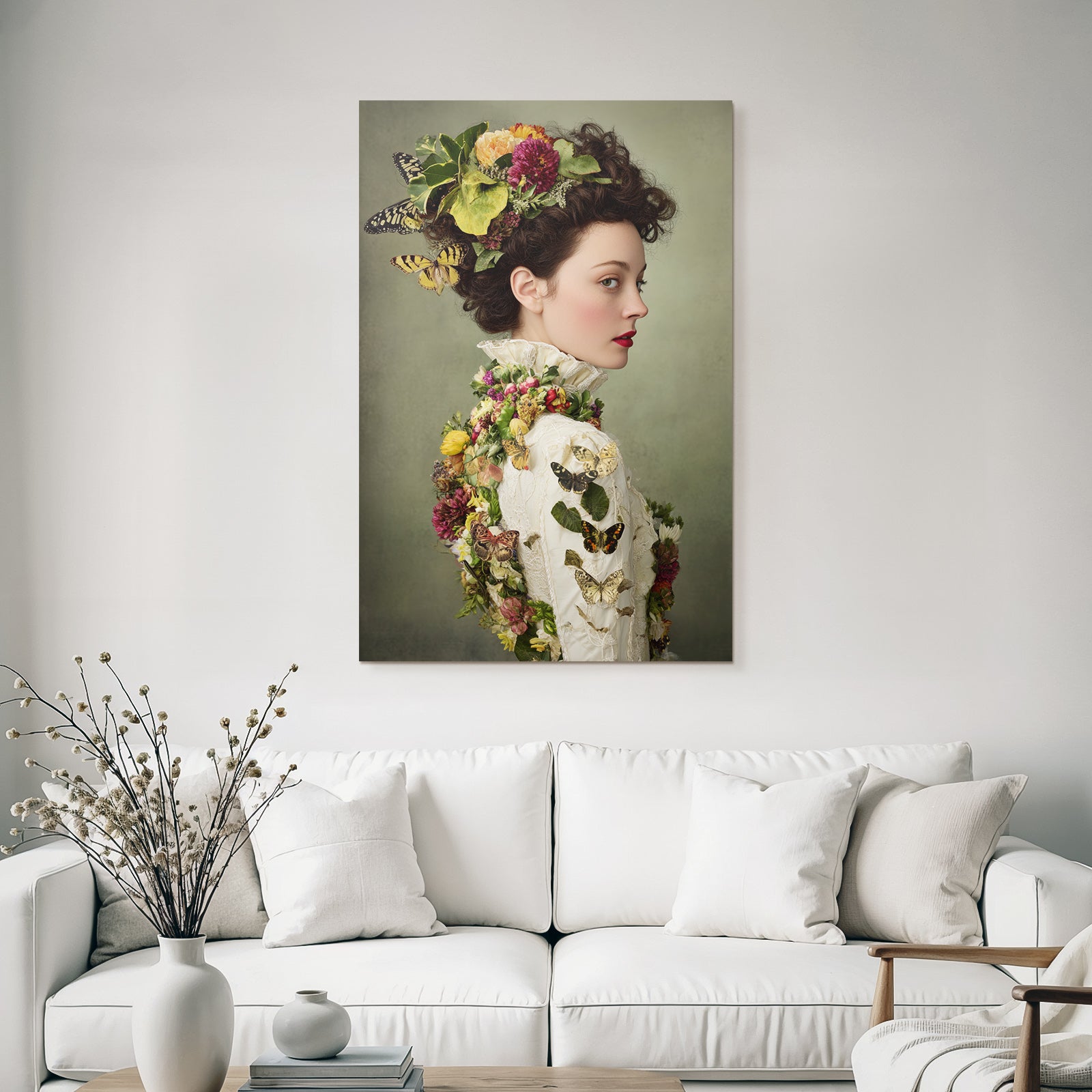 Frau Kunstvolle Frisur Mit Blumen Und Butterfliegen Und Vintage Garderobe