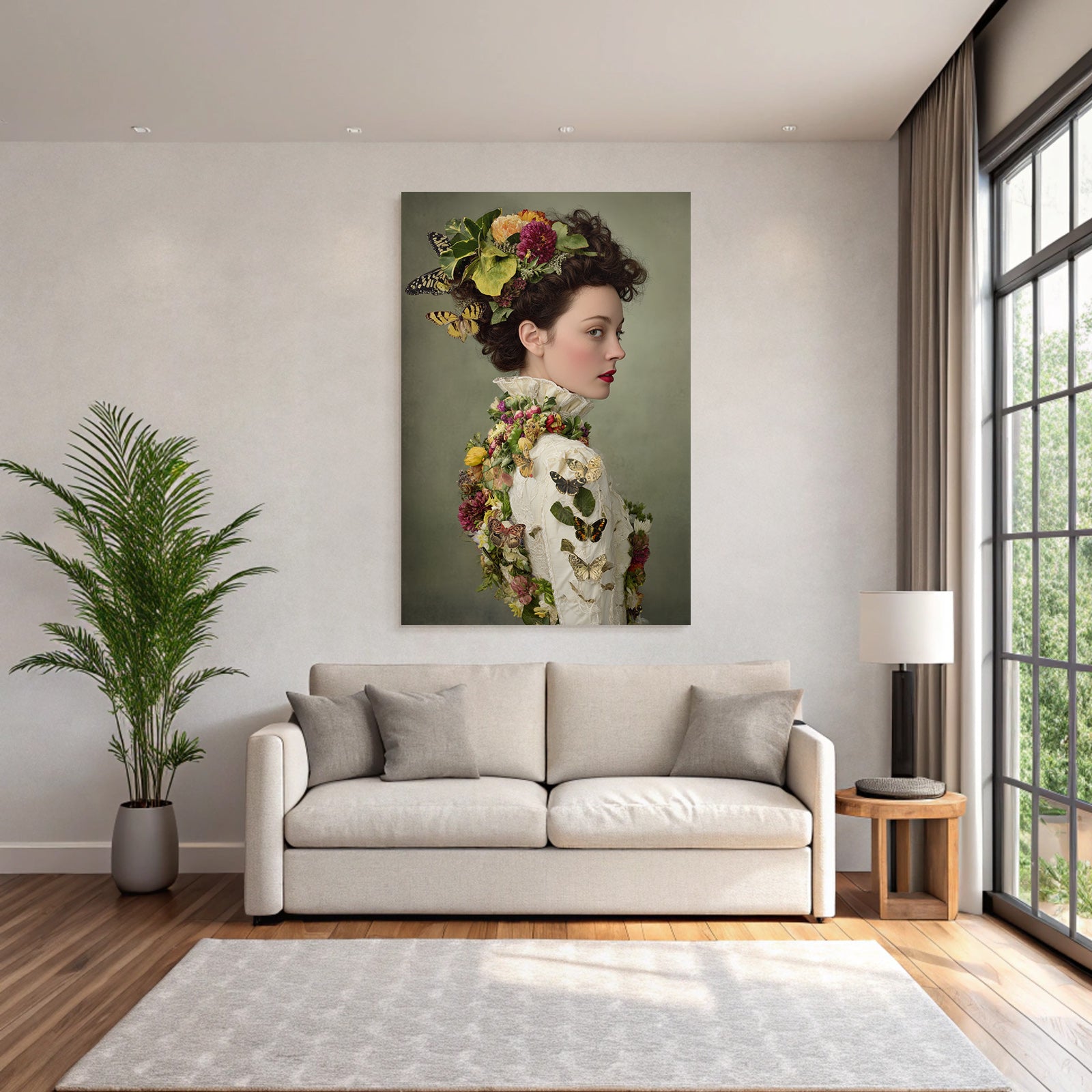 Frau Kunstvolle Frisur Mit Blumen Und Butterfliegen Und Vintage Garderobe