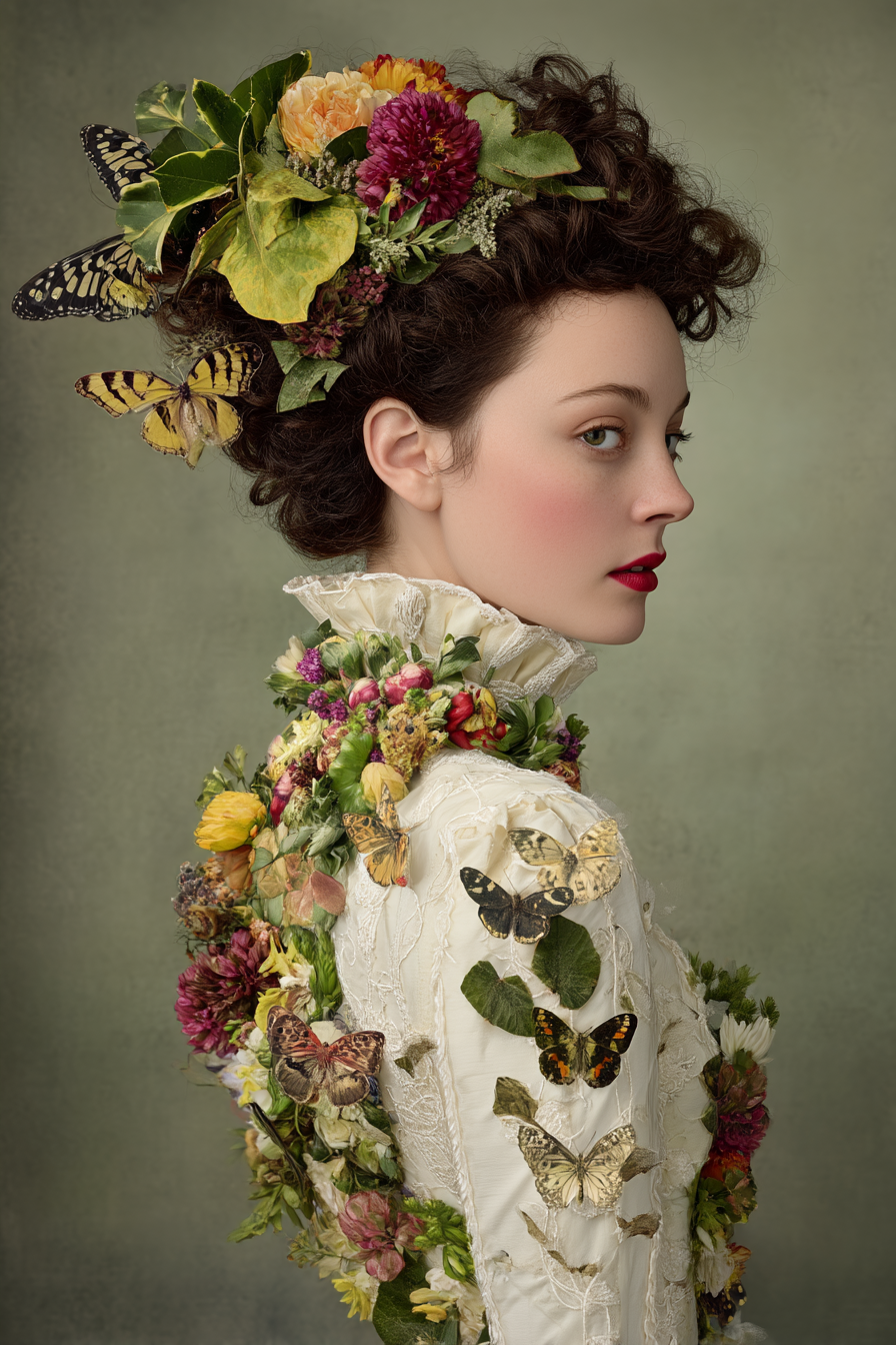 Frau Kunstvolle Frisur Mit Blumen Und Butterfliegen Und Vintage Garderobe | Digital Art | Kunstgattungen
