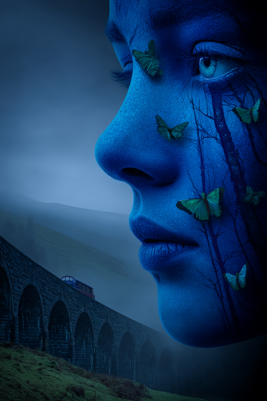 Frau Mit Blauen Gesicht Butterflies Baum Designs Viadukt Transformation | Digital Art | Kunstgattungen