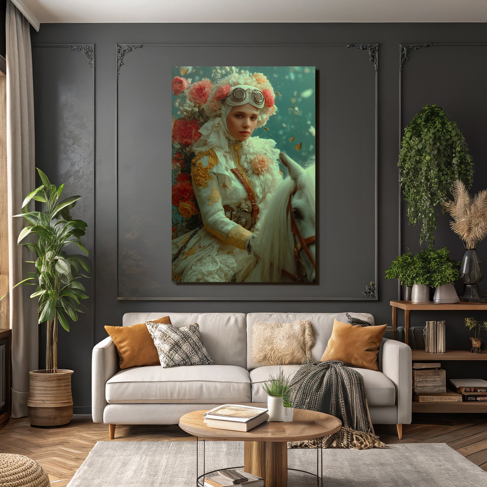 Frau Mit Blumen Und Goggles Auf Einem Weissen Pferd Mit Fantasie Hintergrund