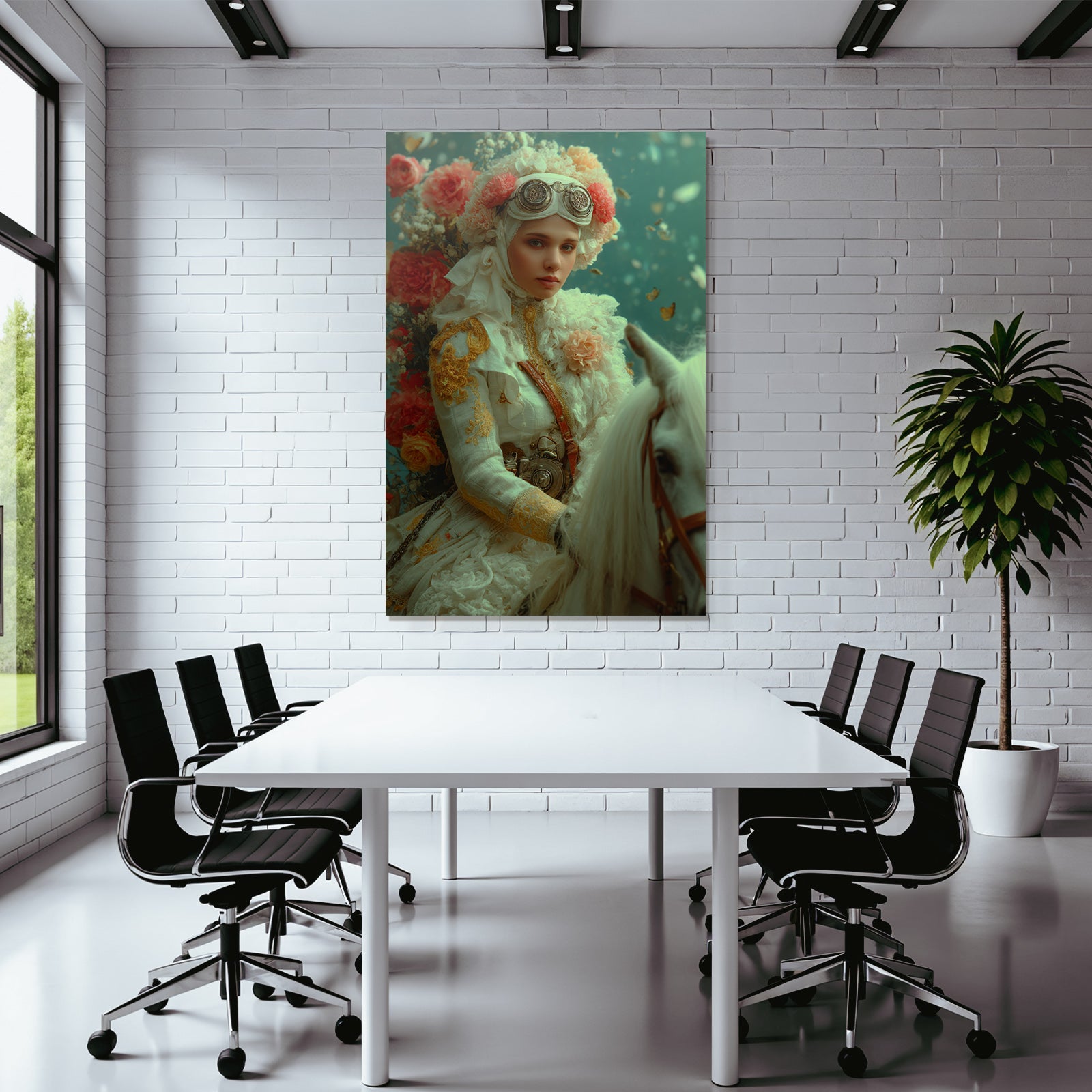Frau Mit Blumen Und Goggles Auf Einem Weissen Pferd Mit Fantasie Hintergrund