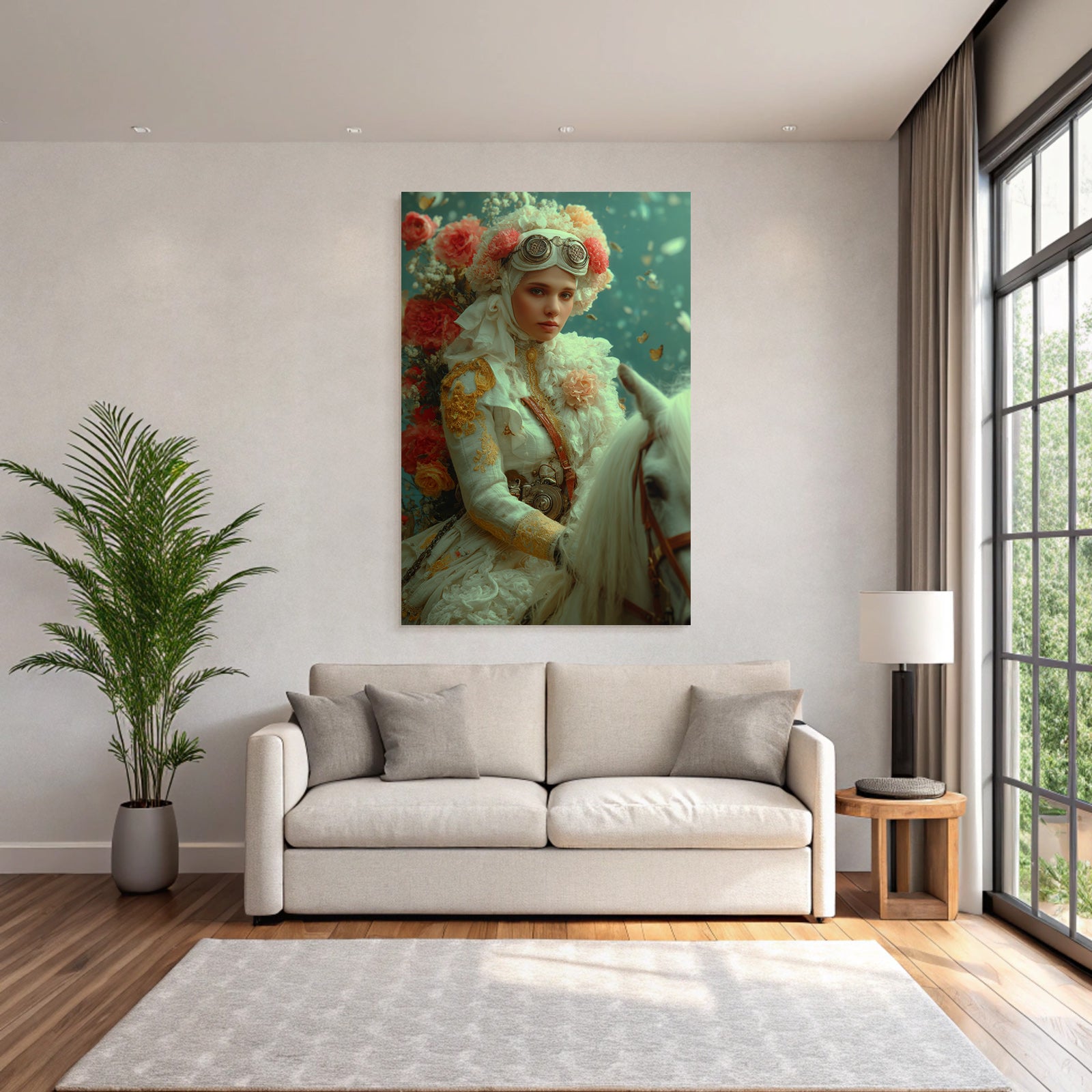 Frau Mit Blumen Und Goggles Auf Einem Weissen Pferd Mit Fantasie Hintergrund