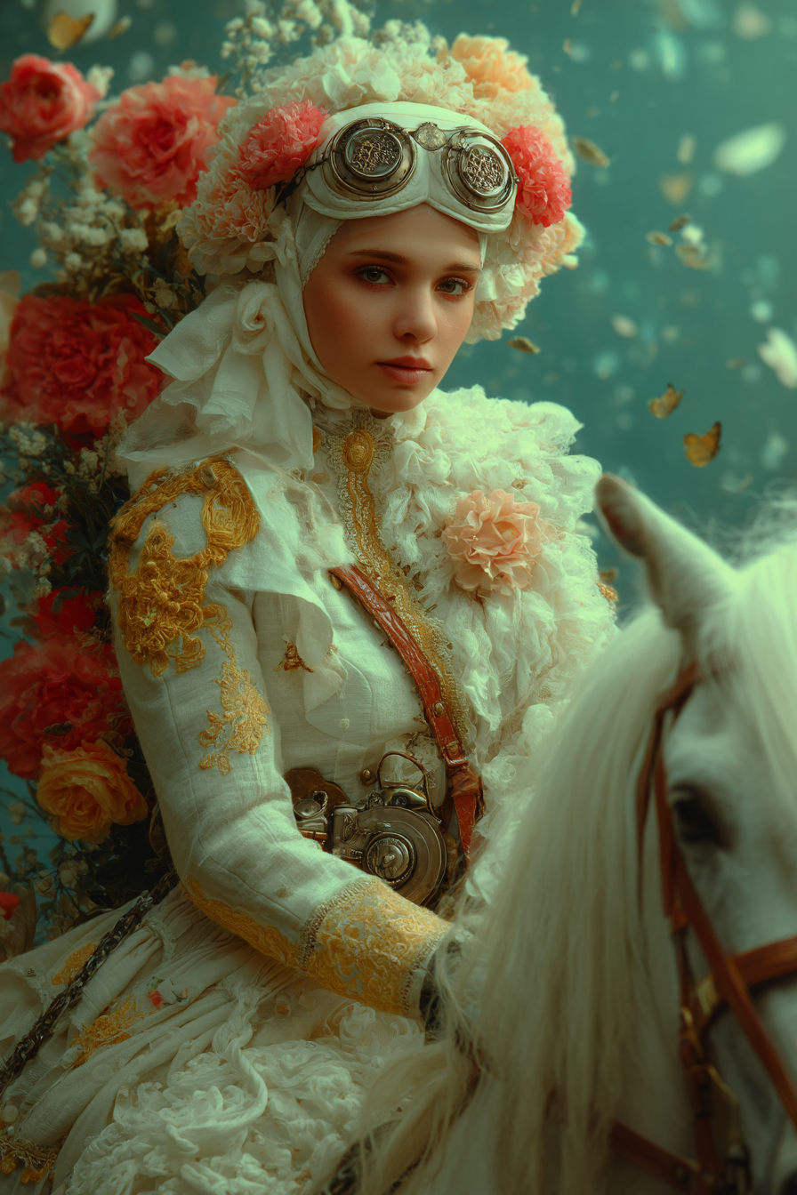 Frau Mit Blumen Und Goggles Auf Einem Weissen Pferd Mit Fantasie Hintergrund | Digital Art | Kunstgattungen