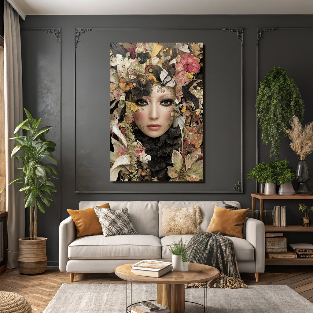 Frau Mit Blumen Und Schmetterlingen Harmonie Von Menschen Und Natur