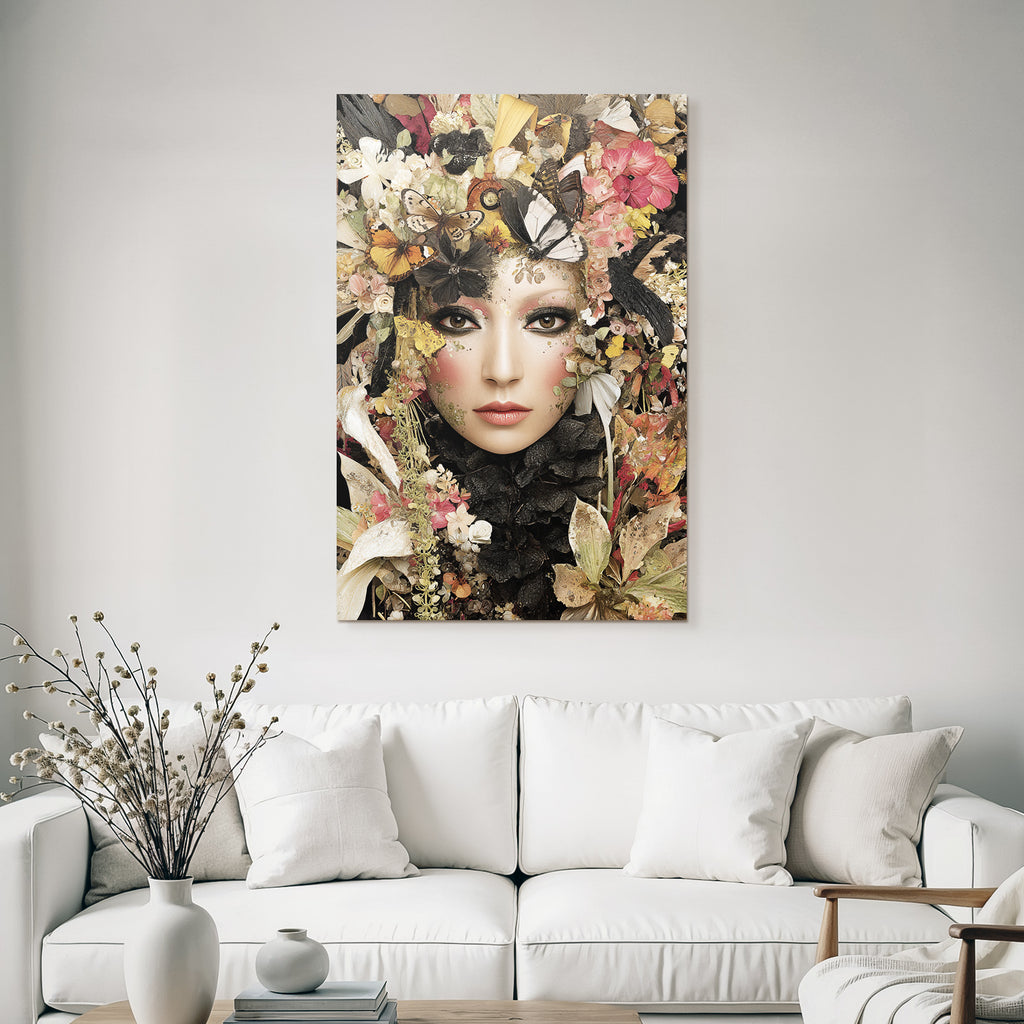 Frau Mit Blumen Und Schmetterlingen Harmonie Von Menschen Und Natur