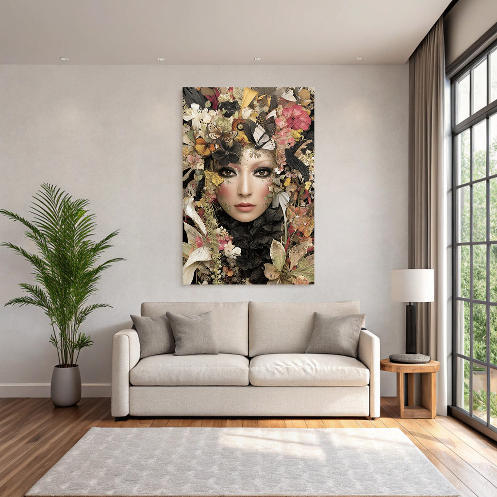 Frau Mit Blumen Und Schmetterlingen Harmonie Von Menschen Und Natur