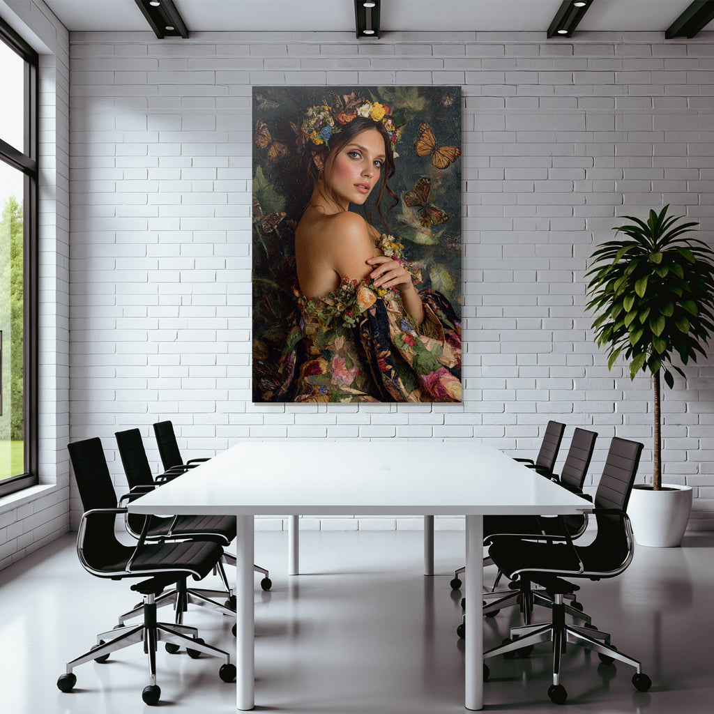 Frau Mit Blumenkrone Im Naturthema Mit Schmetterlingen
