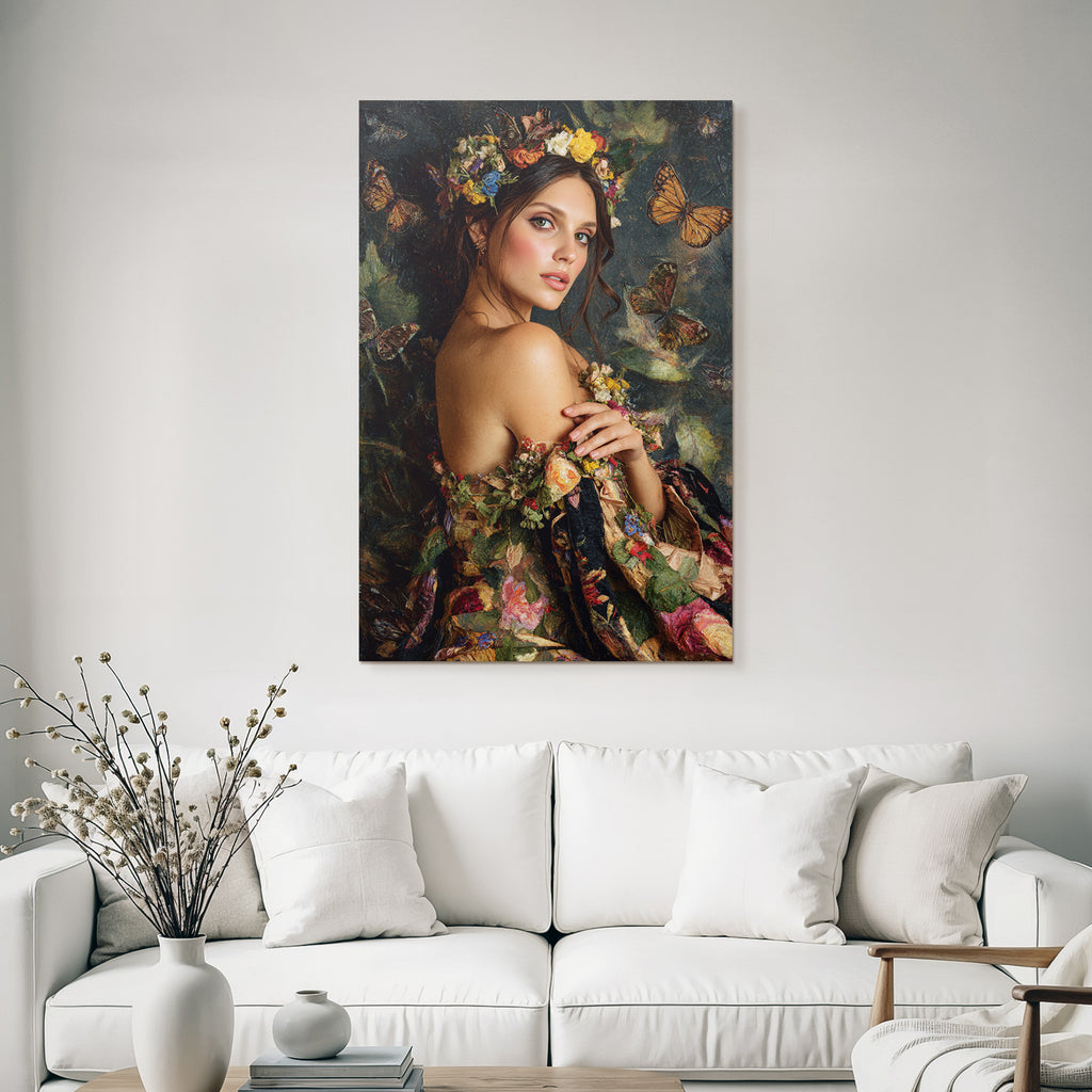 Frau Mit Blumenkrone Im Naturthema Mit Schmetterlingen