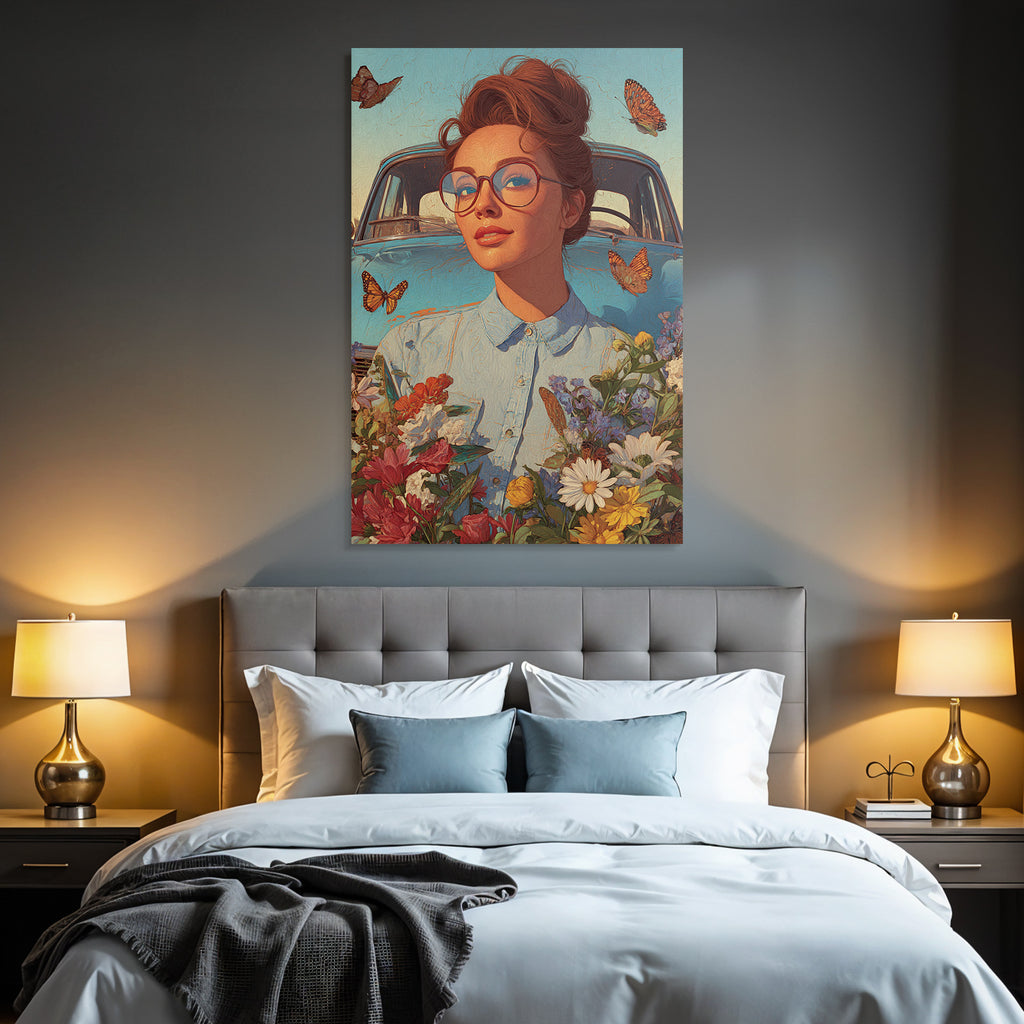 Frau Mit Brille Vintage Auto Blumen Und Butterflies