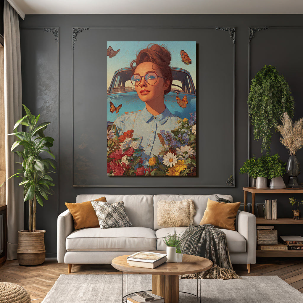 Frau Mit Brille Vintage Auto Blumen Und Butterflies