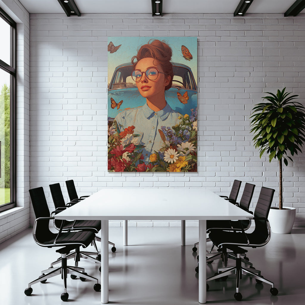 Frau Mit Brille Vintage Auto Blumen Und Butterflies