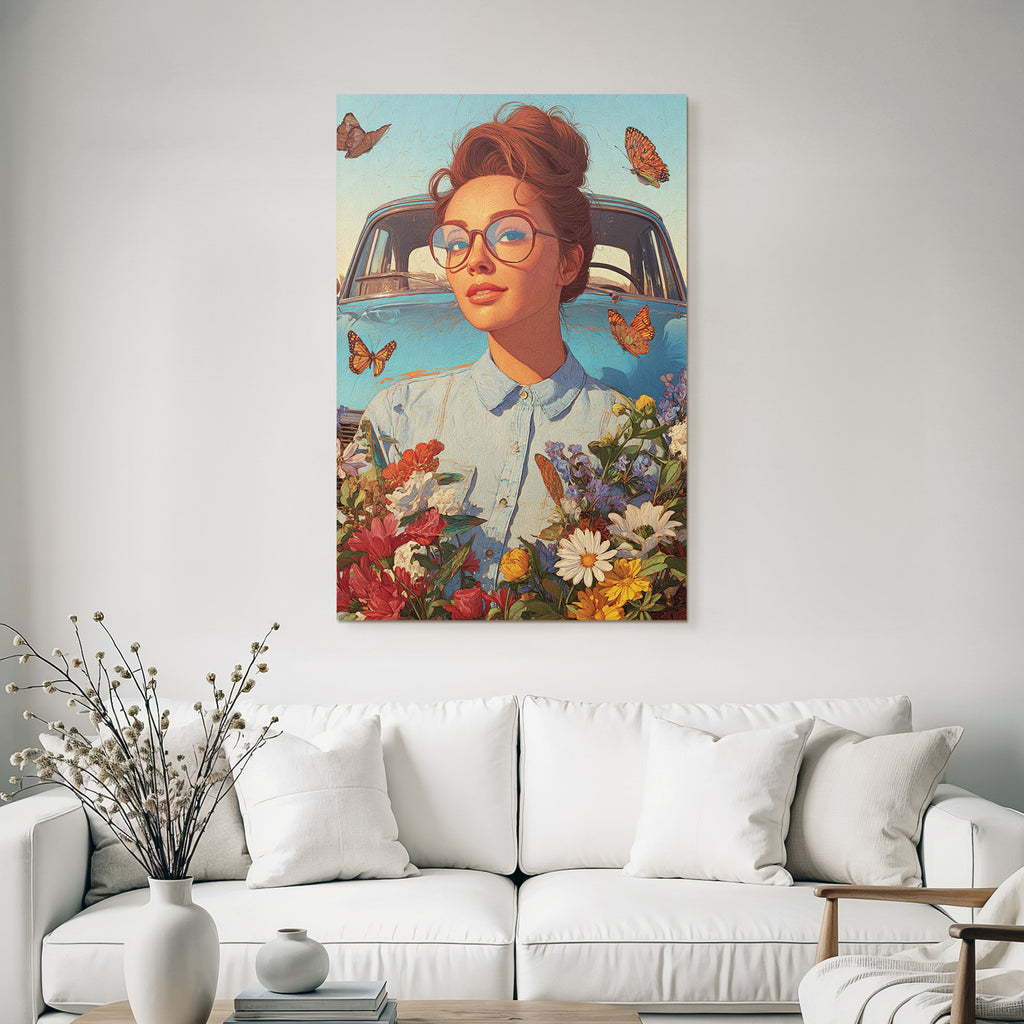 Frau Mit Brille Vintage Auto Blumen Und Butterflies