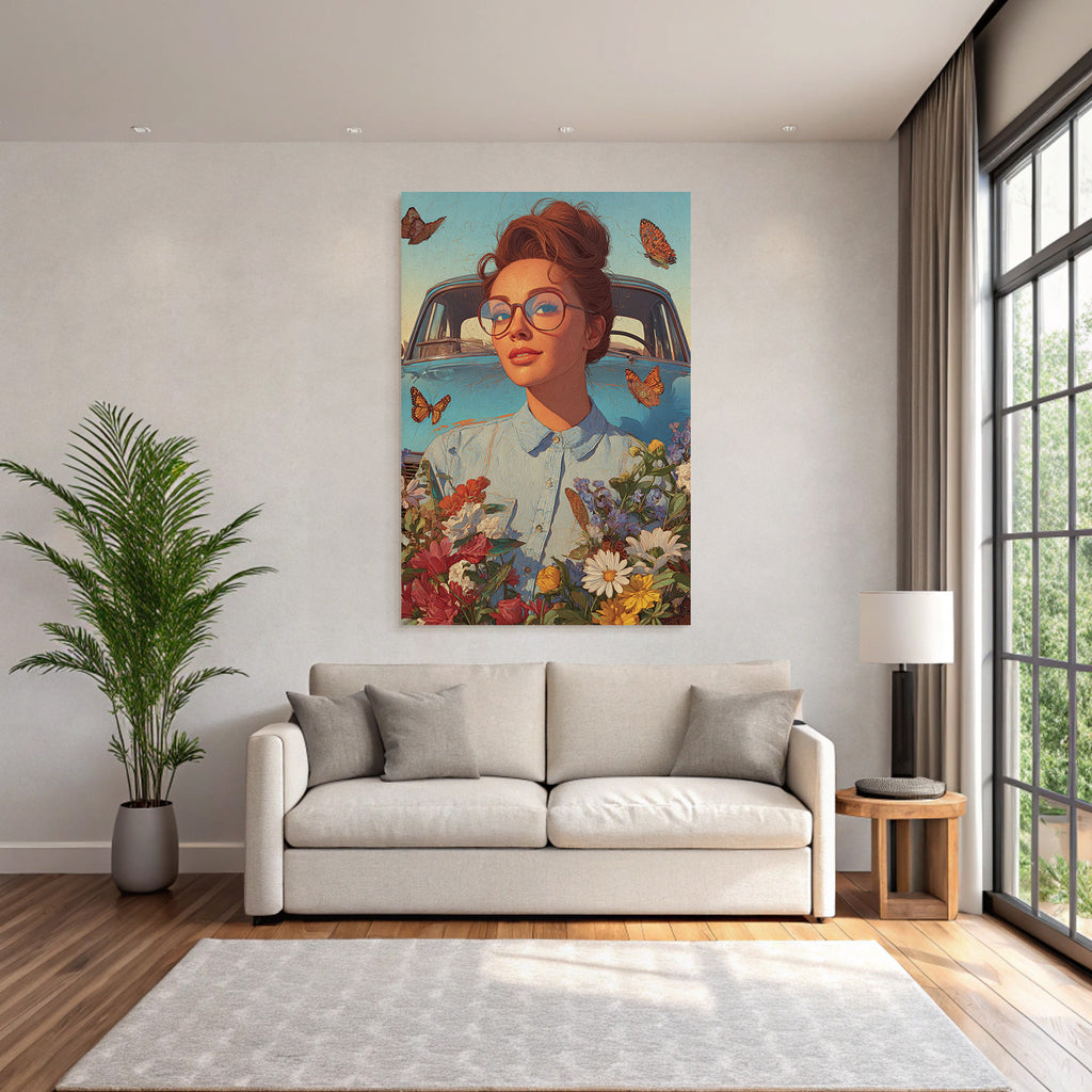 Frau Mit Brille Vintage Auto Blumen Und Butterflies