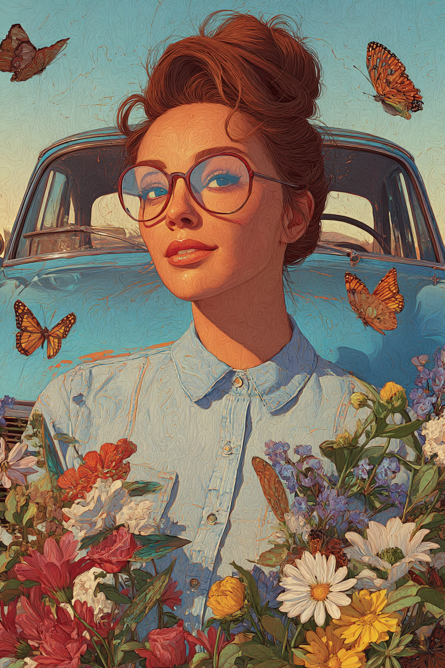 Frau Mit Brille Vintage Auto Blumen Und Butterflies | Digital Art | Kunstgattungen