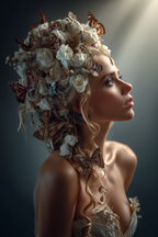 Frau Mit Frisur Rosen Und Schmetterlingen Traumhaft Atmosphaerisch | Digital Art | Kunstgattungen