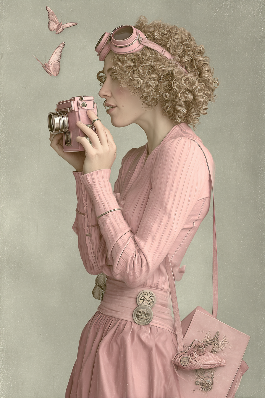 Frau Mit Lockigem Haar In Pinker Kleidung Mit Vintage Kamera Und Faltern | Digital Art | Kunstgattungen