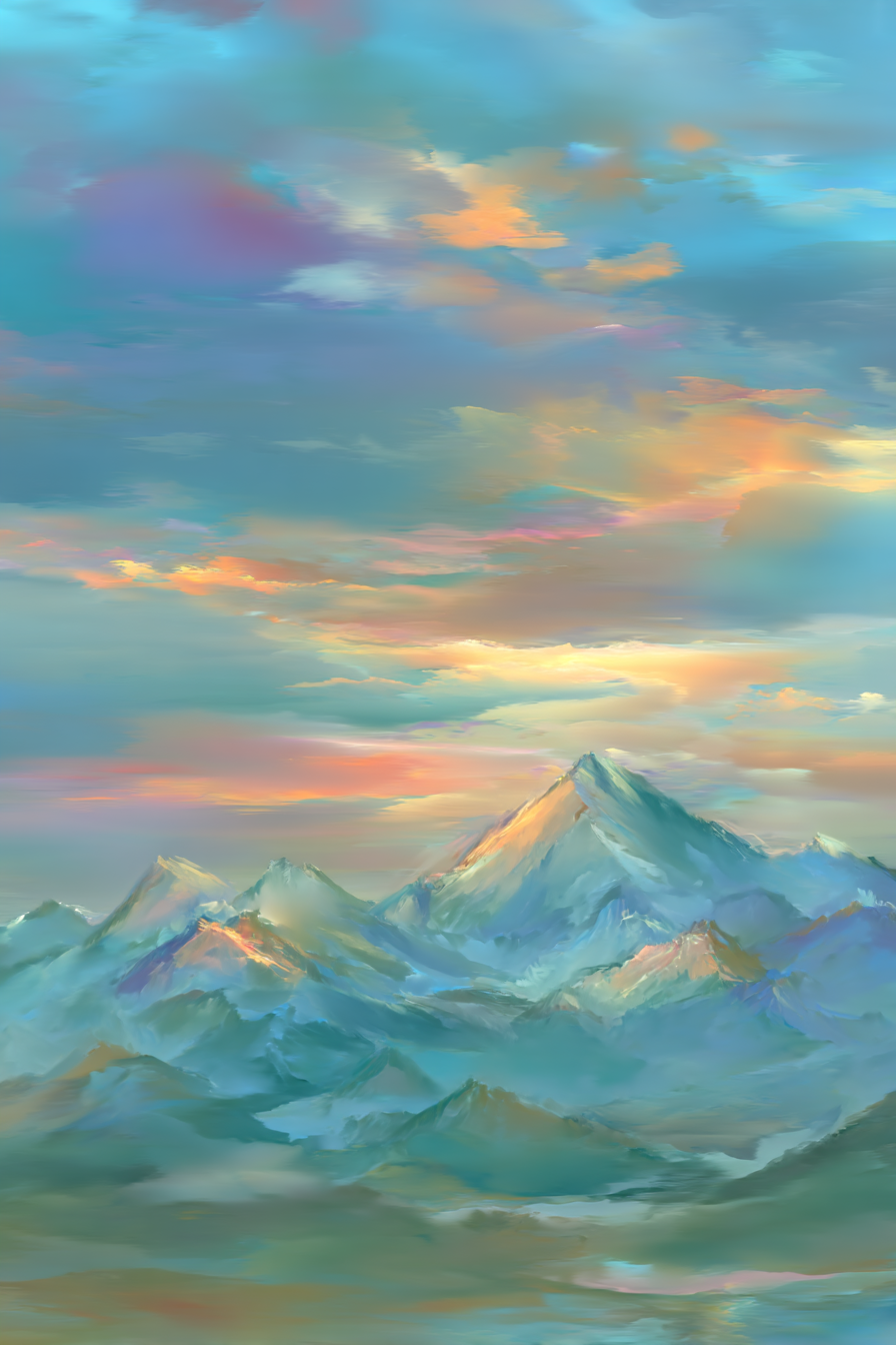 Friedliche Landschaft Mit Bergen Unter Farbenfrohem Himmel | Digital Art | Kunstgattungen