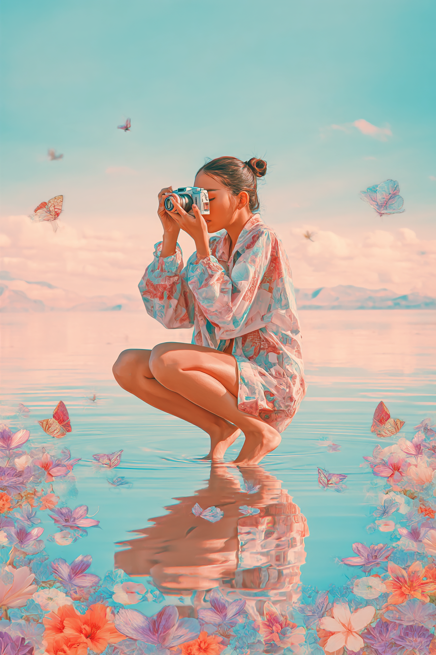 Friedliche Naturszene Mit Person Die Fotografiert Und Bunte Elemente | Digital Art | Kunstgattungen