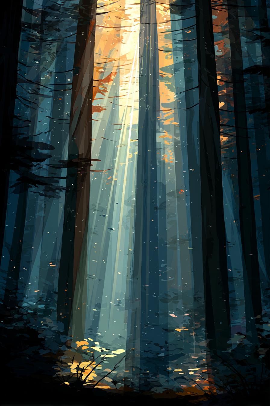 Friedlicher Wald Mit Lichtstrahlen Illustration | Digital Art | Kunstgattungen