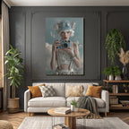 Junge Frau Mit Vintage Kamera Blauer Hut Blumen Goggles Traeumend Wolkig Butterflies