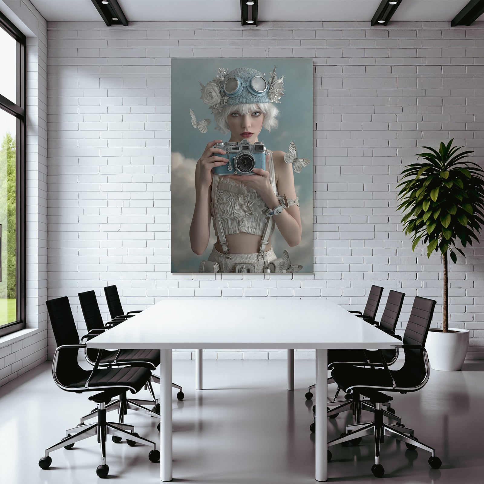 Junge Frau Mit Vintage Kamera Blauer Hut Blumen Goggles Traeumend Wolkig Butterflies