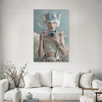 Junge Frau Mit Vintage Kamera Blauer Hut Blumen Goggles Traeumend Wolkig Butterflies