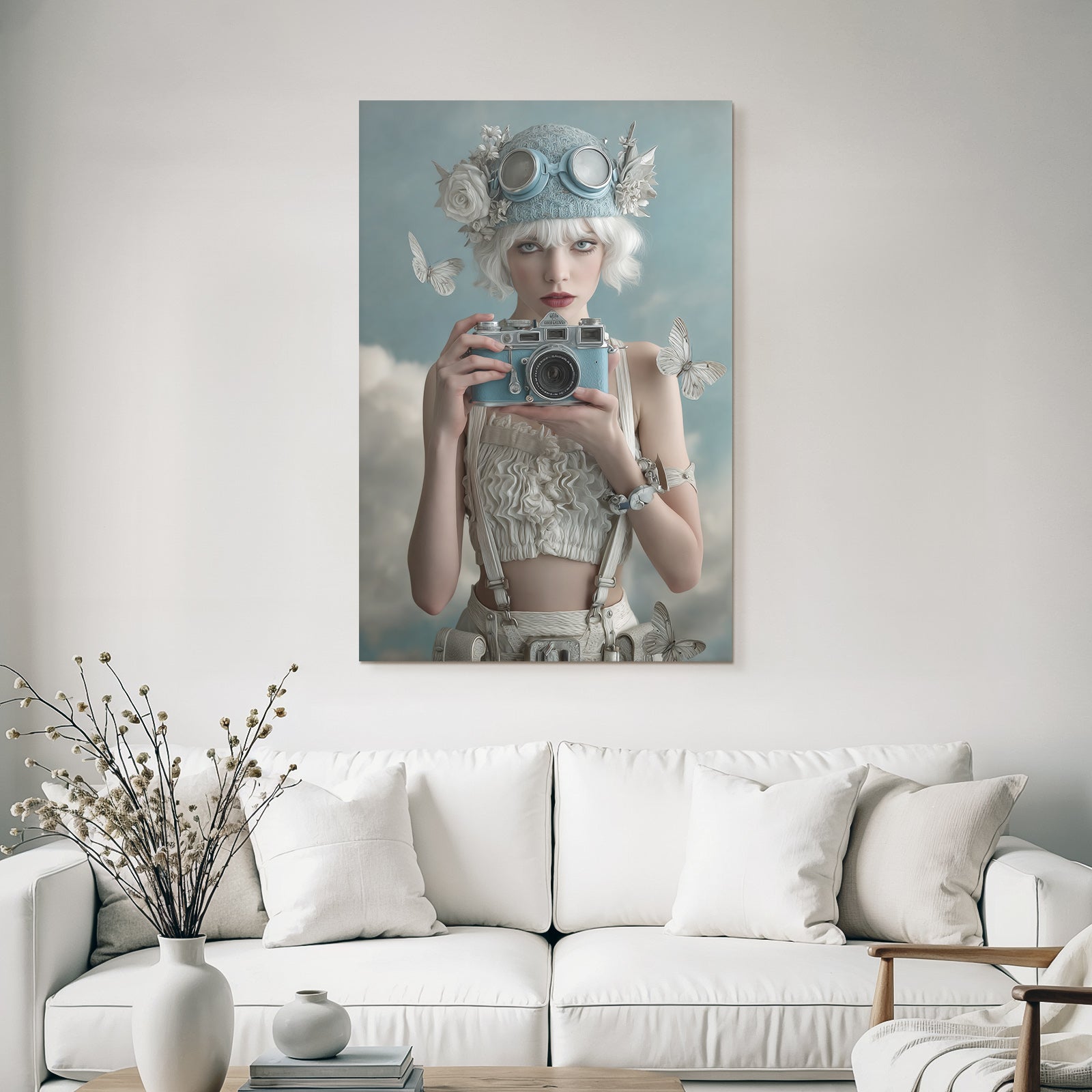 Junge Frau Mit Vintage Kamera Blauer Hut Blumen Goggles Traeumend Wolkig Butterflies