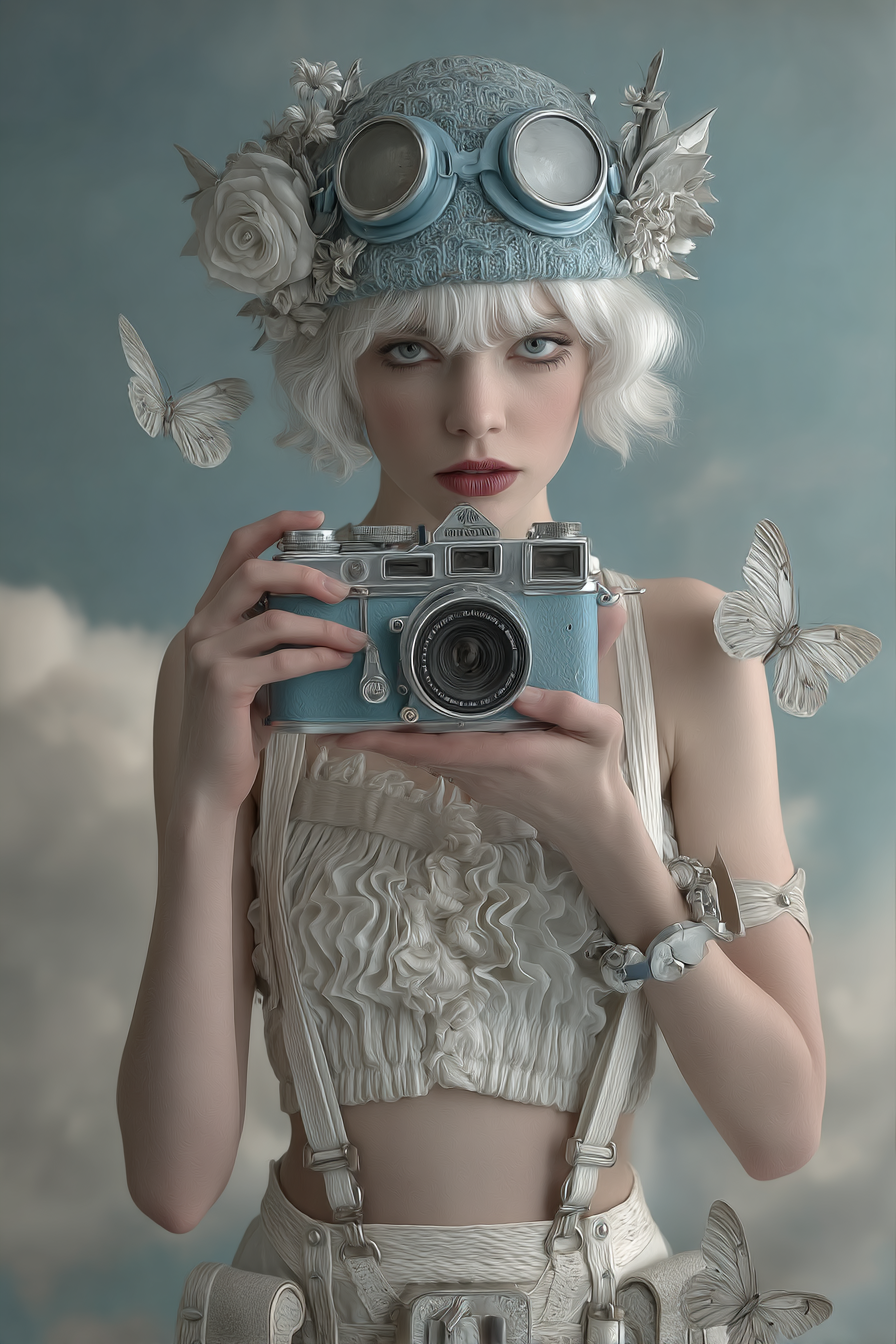 Junge Frau Mit Vintage Kamera Blauer Hut Blumen Goggles Traeumend Wolkig Butterflies | Digital Art | Kunstgattungen