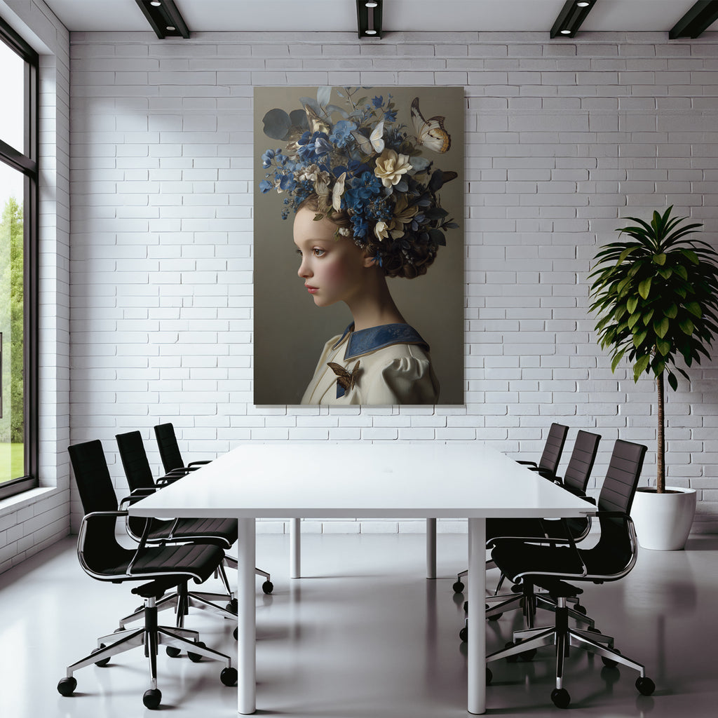 Junge Mit Blumenkranz Und Schmetterlingen In Haar Weisses Outfit Mit Blauem Kragen