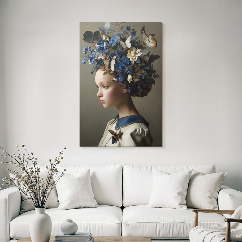 Junge Mit Blumenkranz Und Schmetterlingen In Haar Weisses Outfit Mit Blauem Kragen