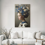 Junge Mit Blumenkranz Und Schmetterlingen In Haar Weisses Outfit Mit Blauem Kragen
