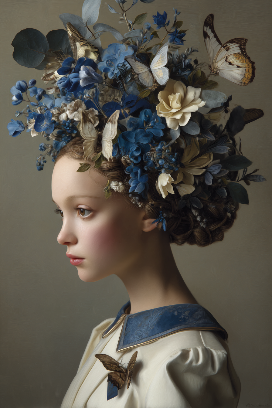 Junge Mit Blumenkranz Und Schmetterlingen In Haar Weisses Outfit Mit Blauem Kragen | Digital Art | Kunstgattungen
