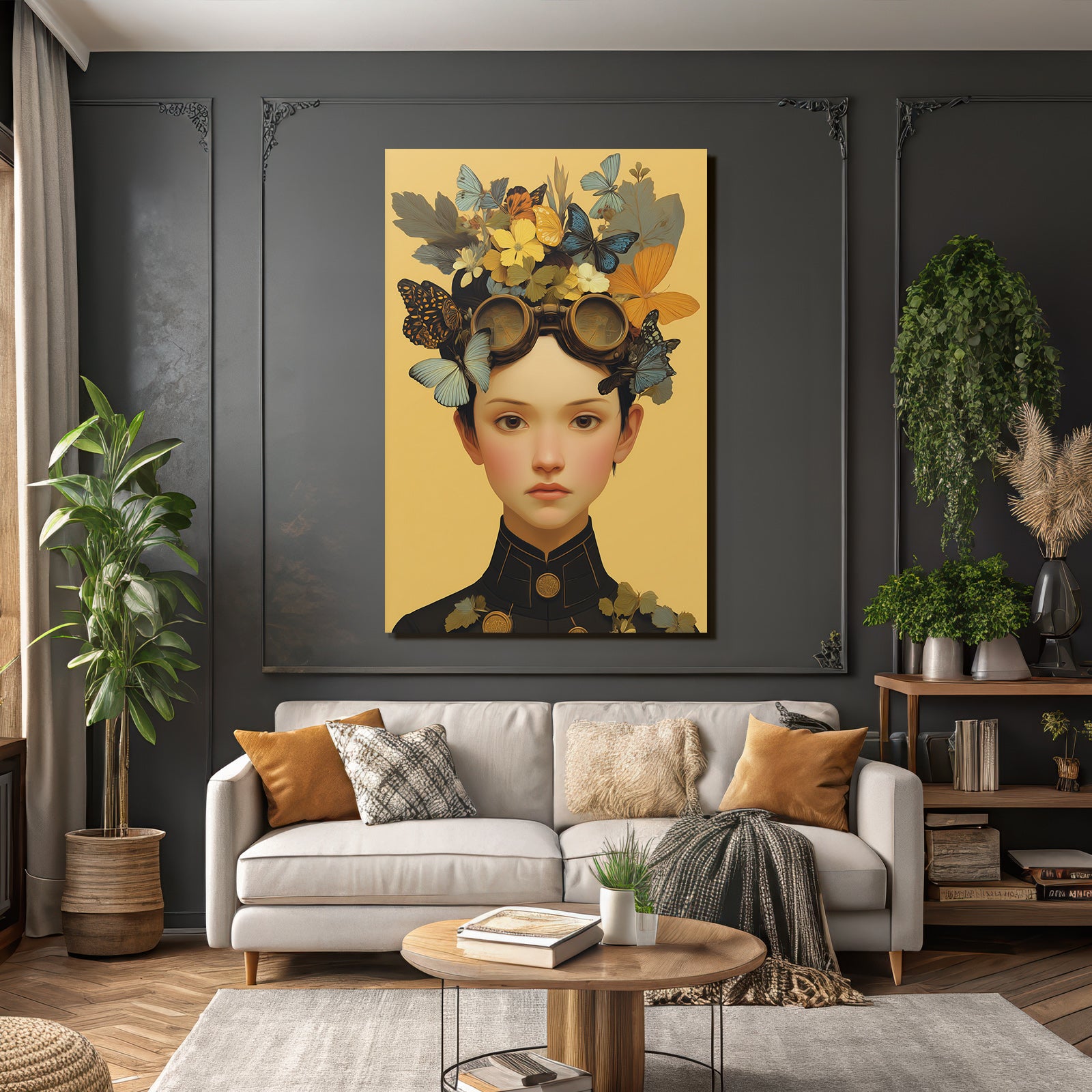 Junge Mit Butterfly Und Blumen Im Hair Mv Styles Uniform Gelb Hintergrund