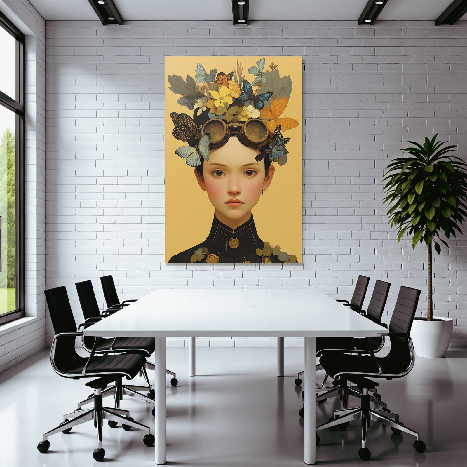 Junge Mit Butterfly Und Blumen Im Hair Mv Styles Uniform Gelb Hintergrund
