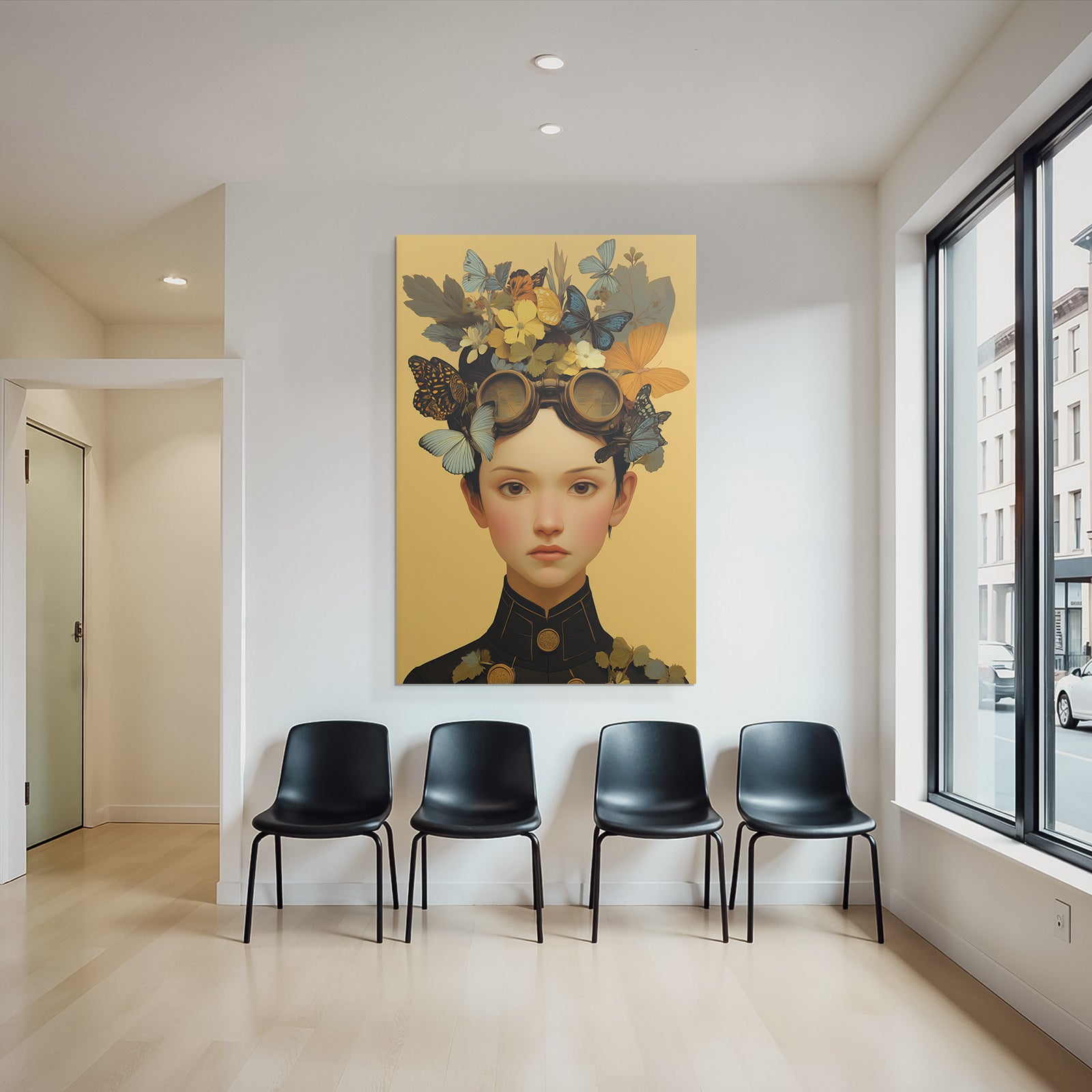 Junge Mit Butterfly Und Blumen Im Hair Mv Styles Uniform Gelb Hintergrund