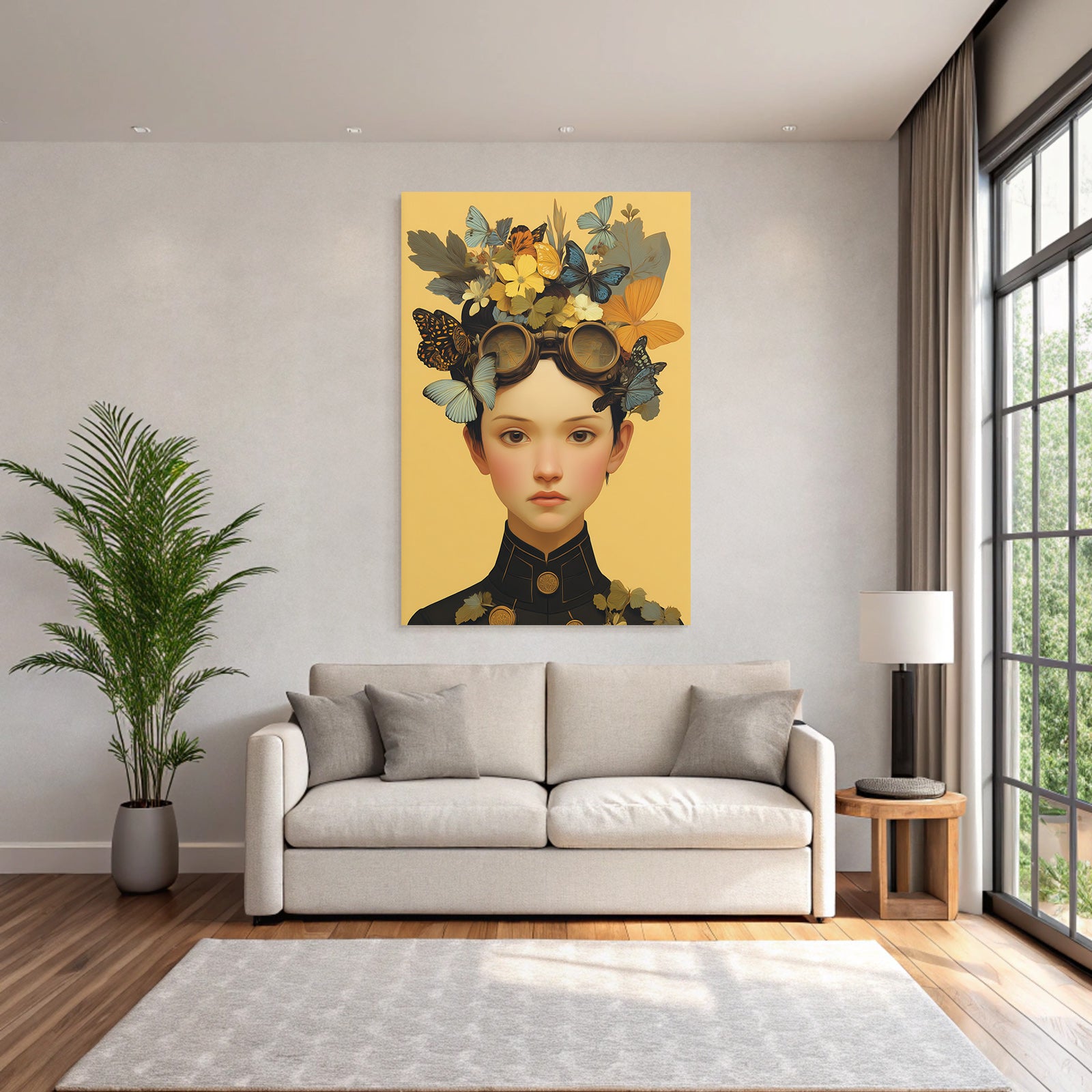Junge Mit Butterfly Und Blumen Im Hair Mv Styles Uniform Gelb Hintergrund