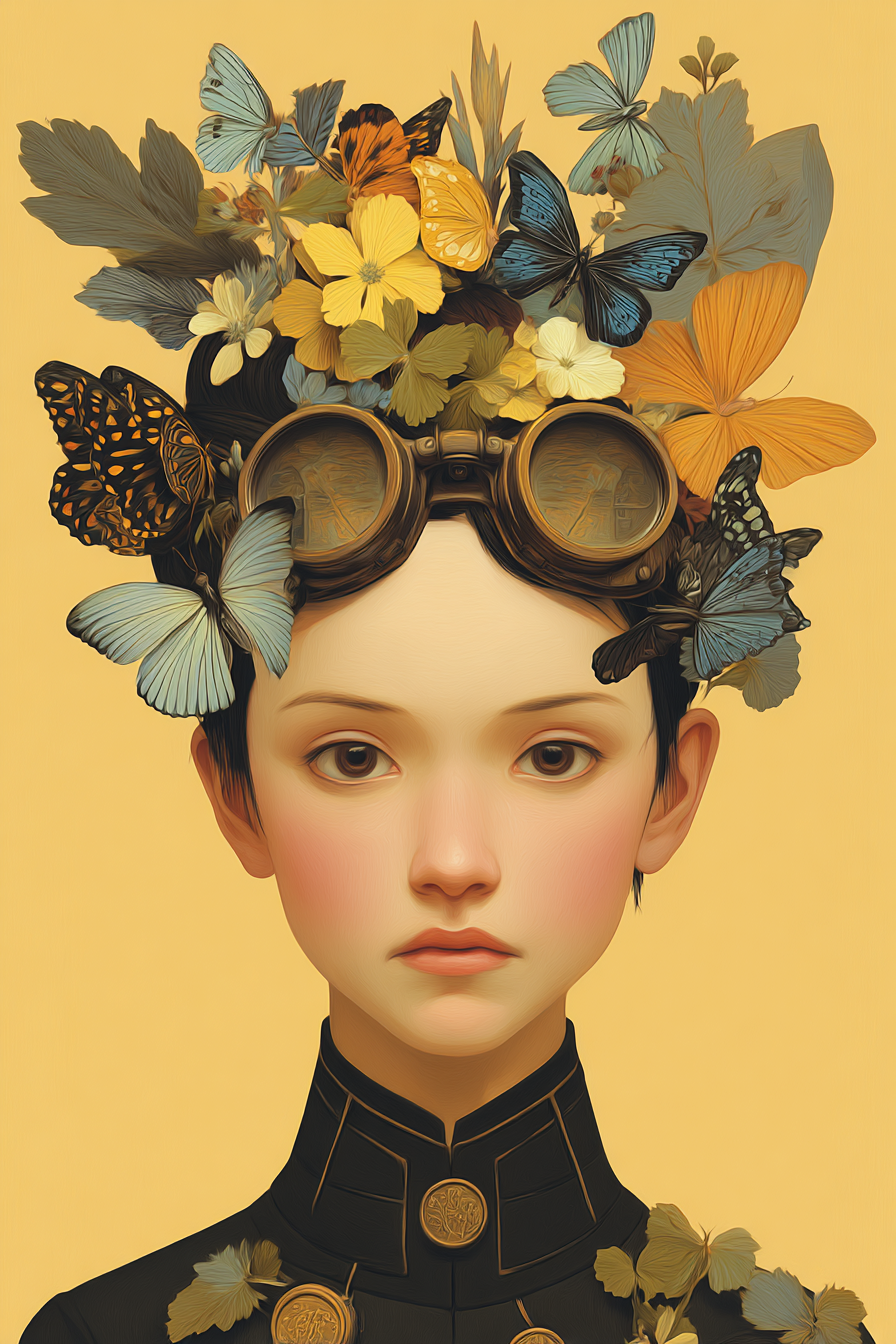 Junge Mit Butterfly Und Blumen Im Hair Mv Styles Uniform Gelb Hintergrund | Digital Art | Kunstgattungen