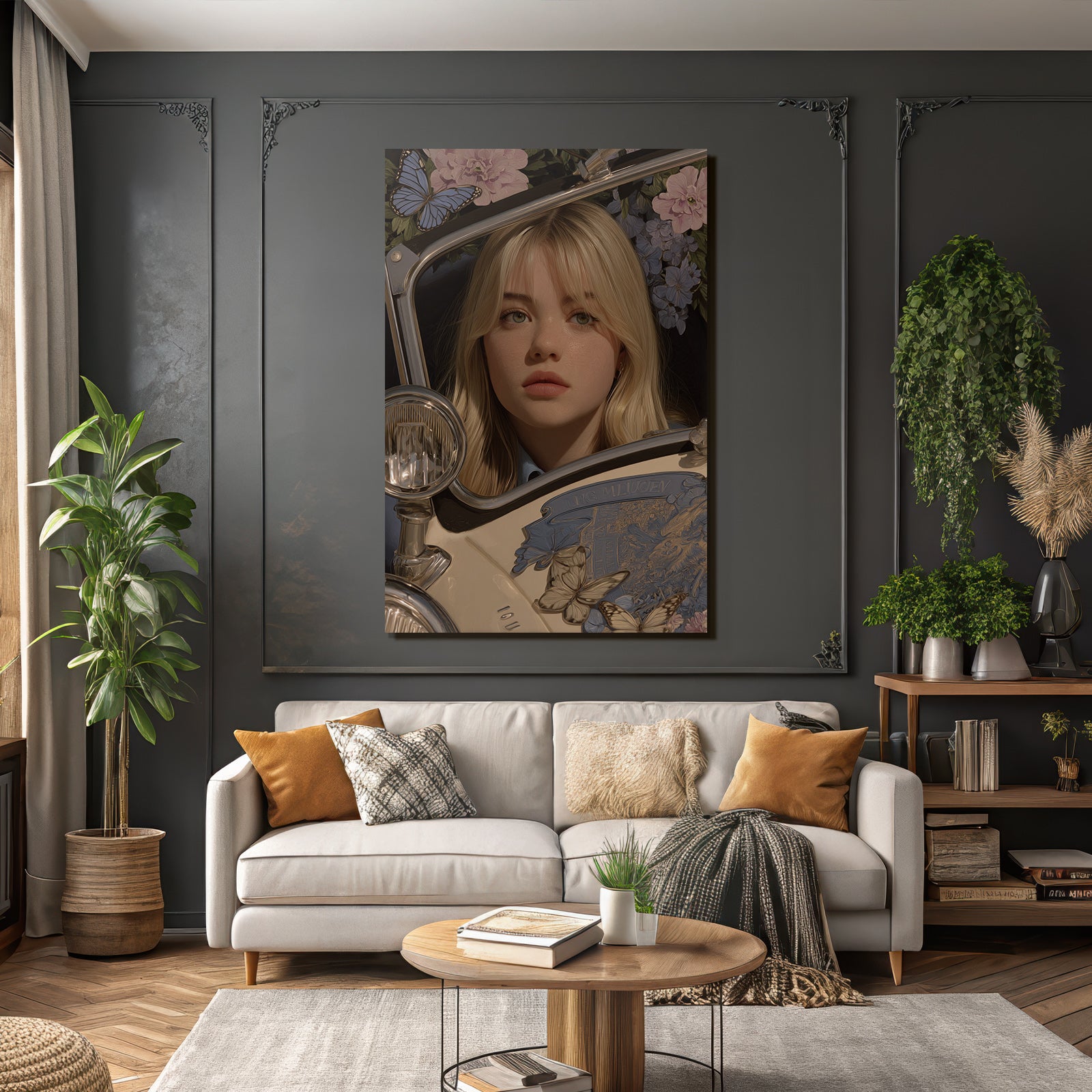 Junge Person Mit Blondem Haar Florale Deko Fluessigkeit Auto Elemente